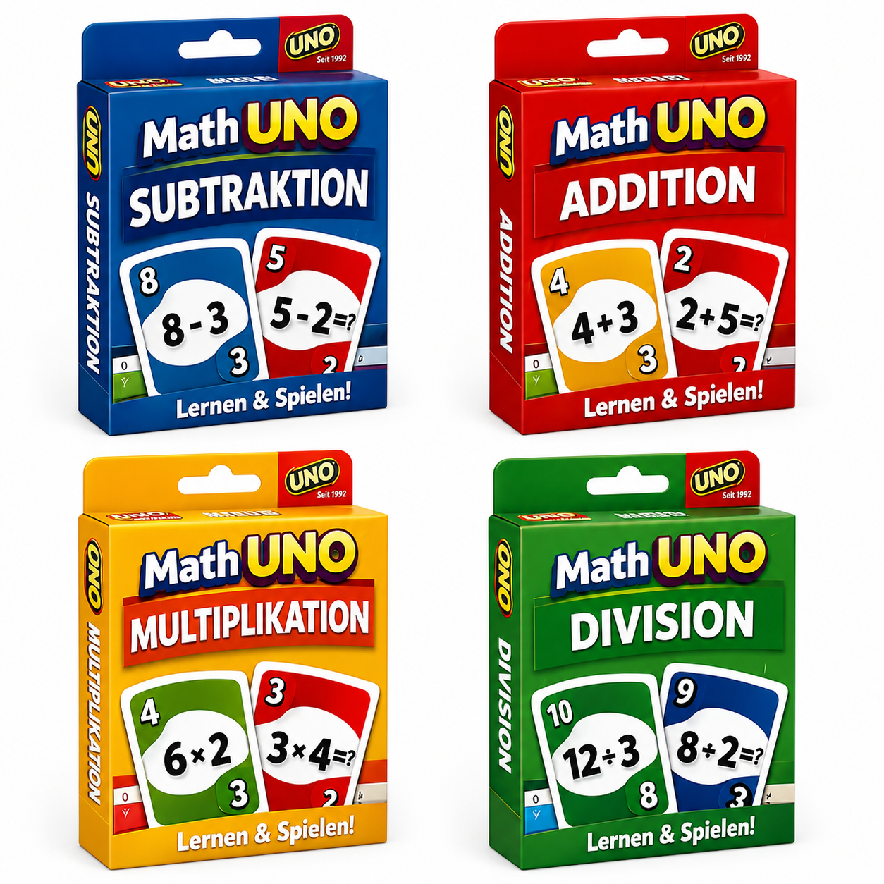 Vier Boxen für mathematische Operationen — Addition, Subtraktion, Multiplikation, Division
