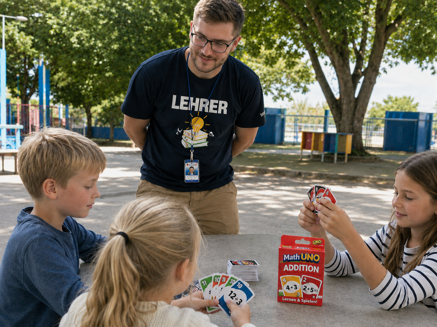Lehrer und Kinder spielen Math UNO Addition im Freien