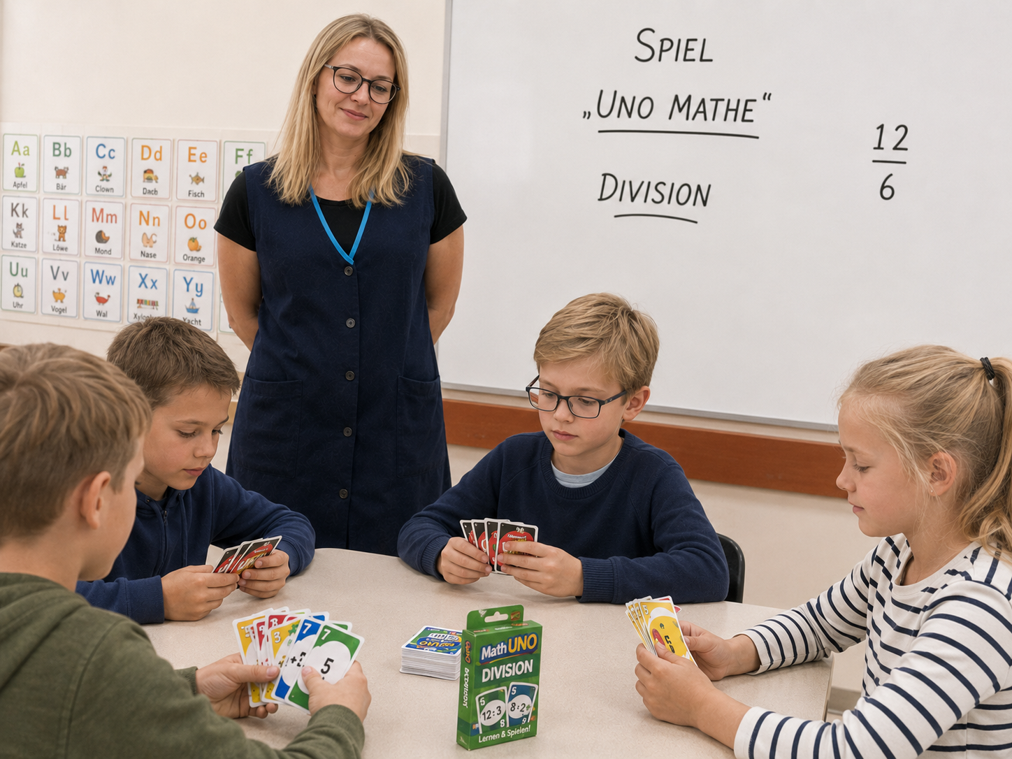 Lehrer leitet ein Math UNO Divisions-Spiel in einem Klassenzimmer