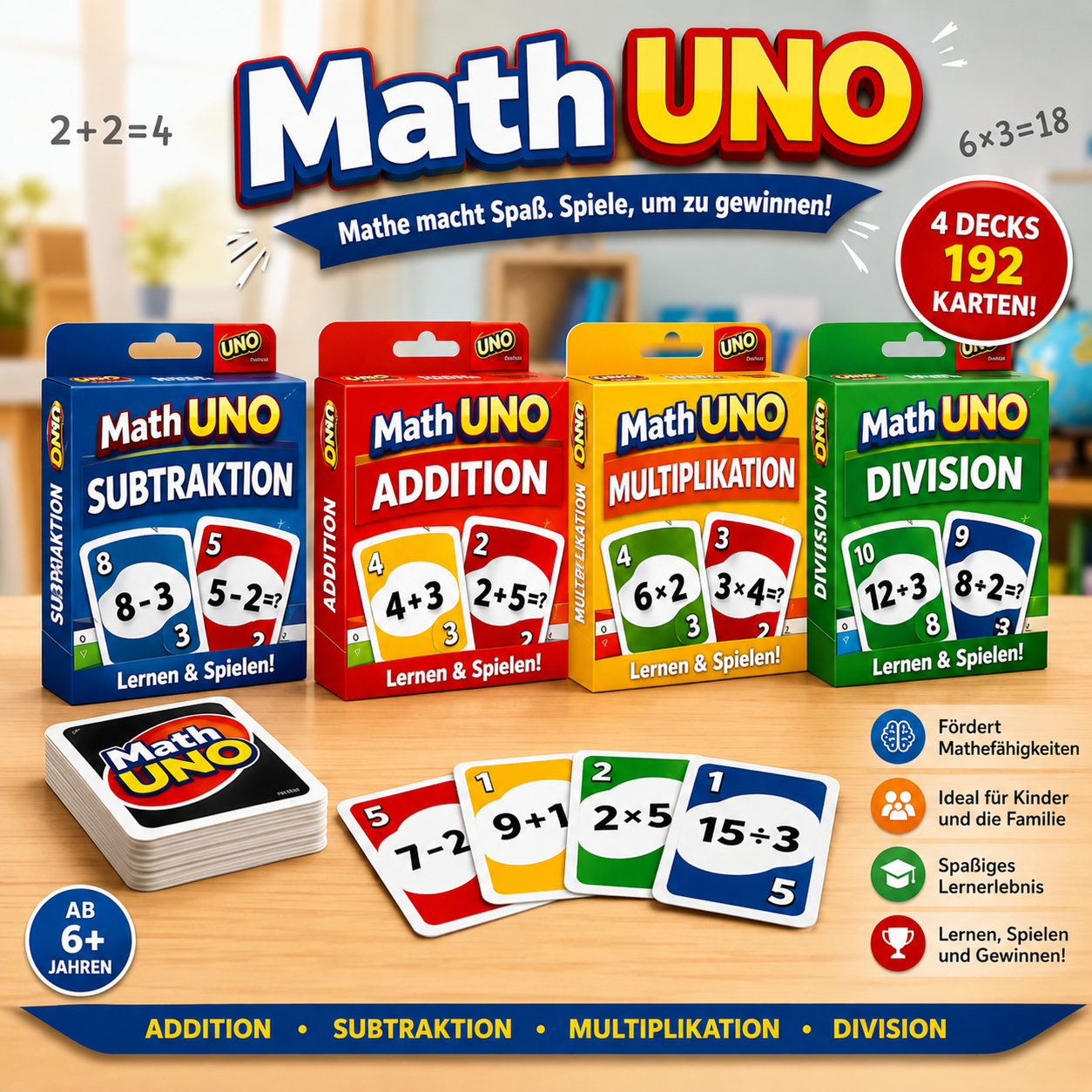Math UNO — 4 Decks, 192 Karten