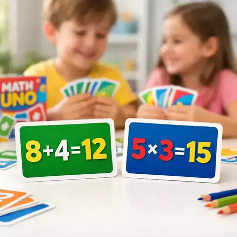 Kinder lächeln beim Spielen mit Mathe-Karten