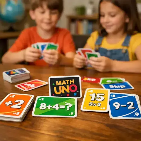 Kinder spielen Mathe-Kartenspiel am Tisch